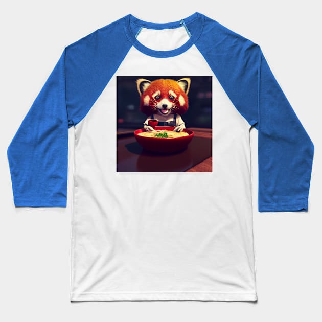 Kawaii Red Panda Eating Ramen Baseball T-Shirt by Grassroots Green